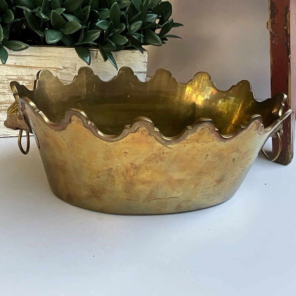 Vintage Brass Scalloped Jardinier Planter Crown Rim Catchpot ring handles beauty